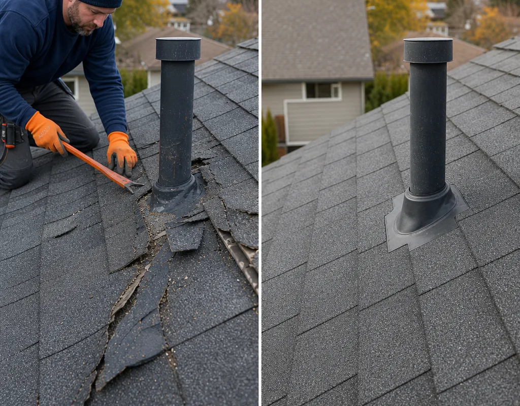 Before and after view of curled shingles repaired with matched shingles and corrected penetration flashing