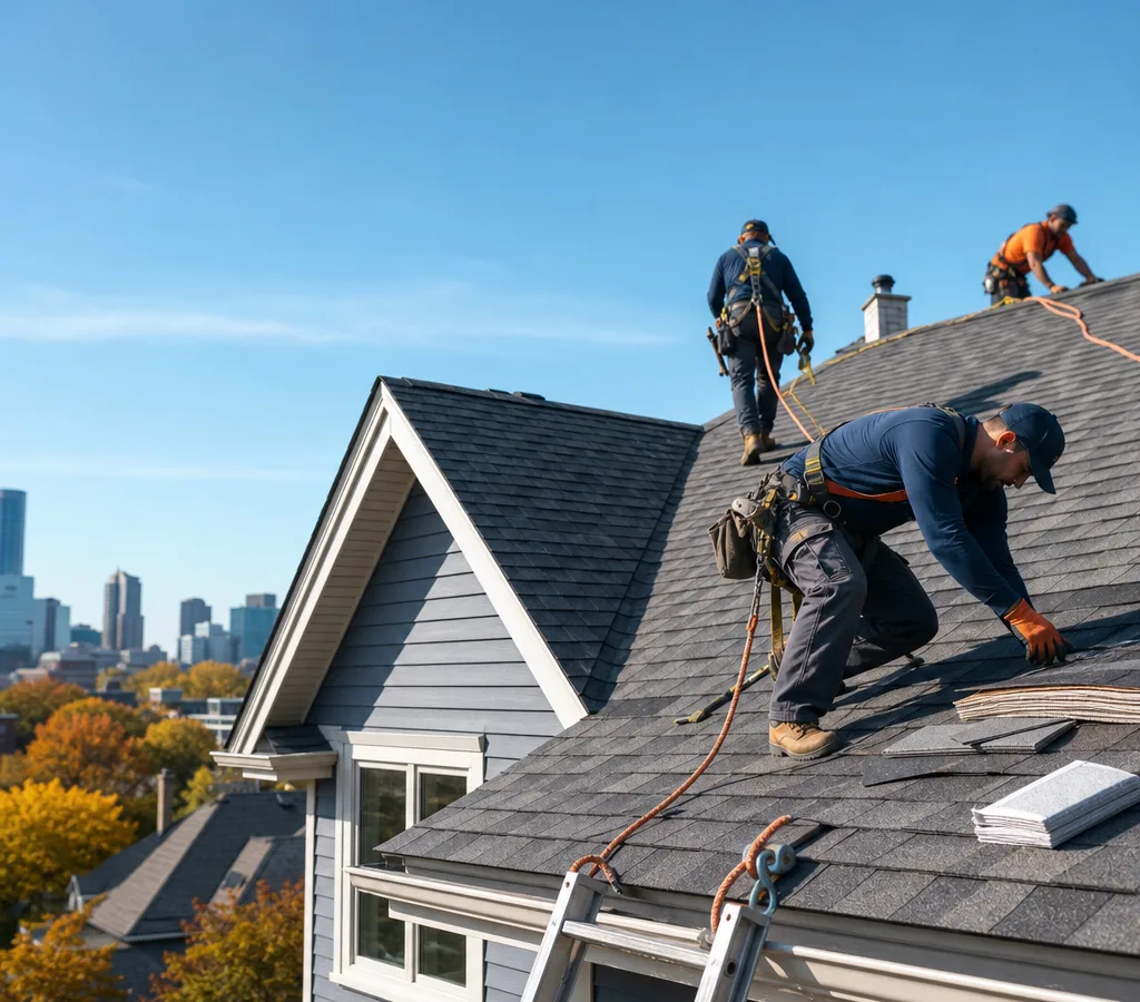 Residential roofing crew in Grand Rapids working safely on an asphalt shingle roof with ladders and fall protection