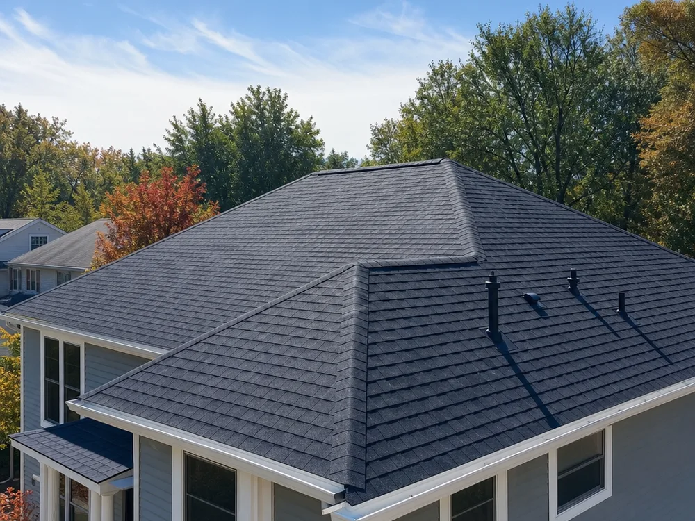 Completed Grand Rapids asphalt shingle roof with clean ridge lines, capped hips, and tidy vent flashing