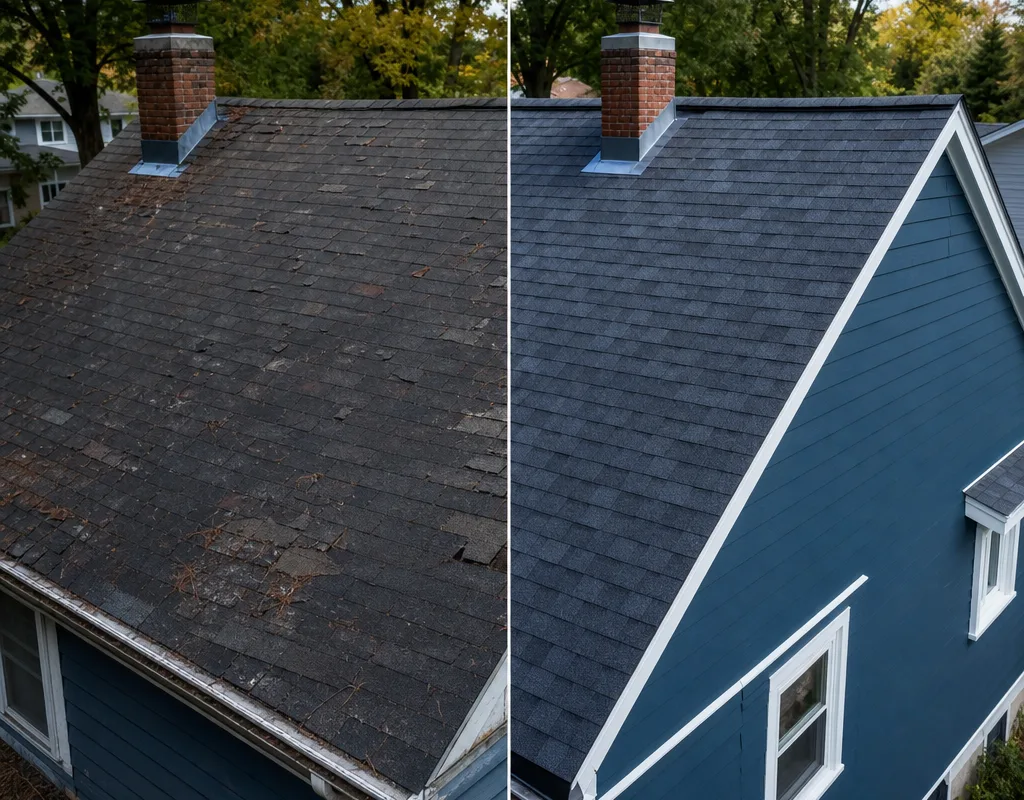 Before-and-after view of a worn Grand Rapids shingle roof replaced with architectural shingles and clean edge details
