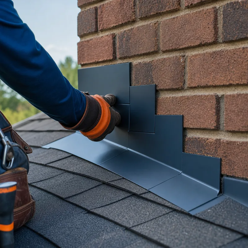 Properly installed chimney step flashing and counterflashing with clean shingles and sealed transitions