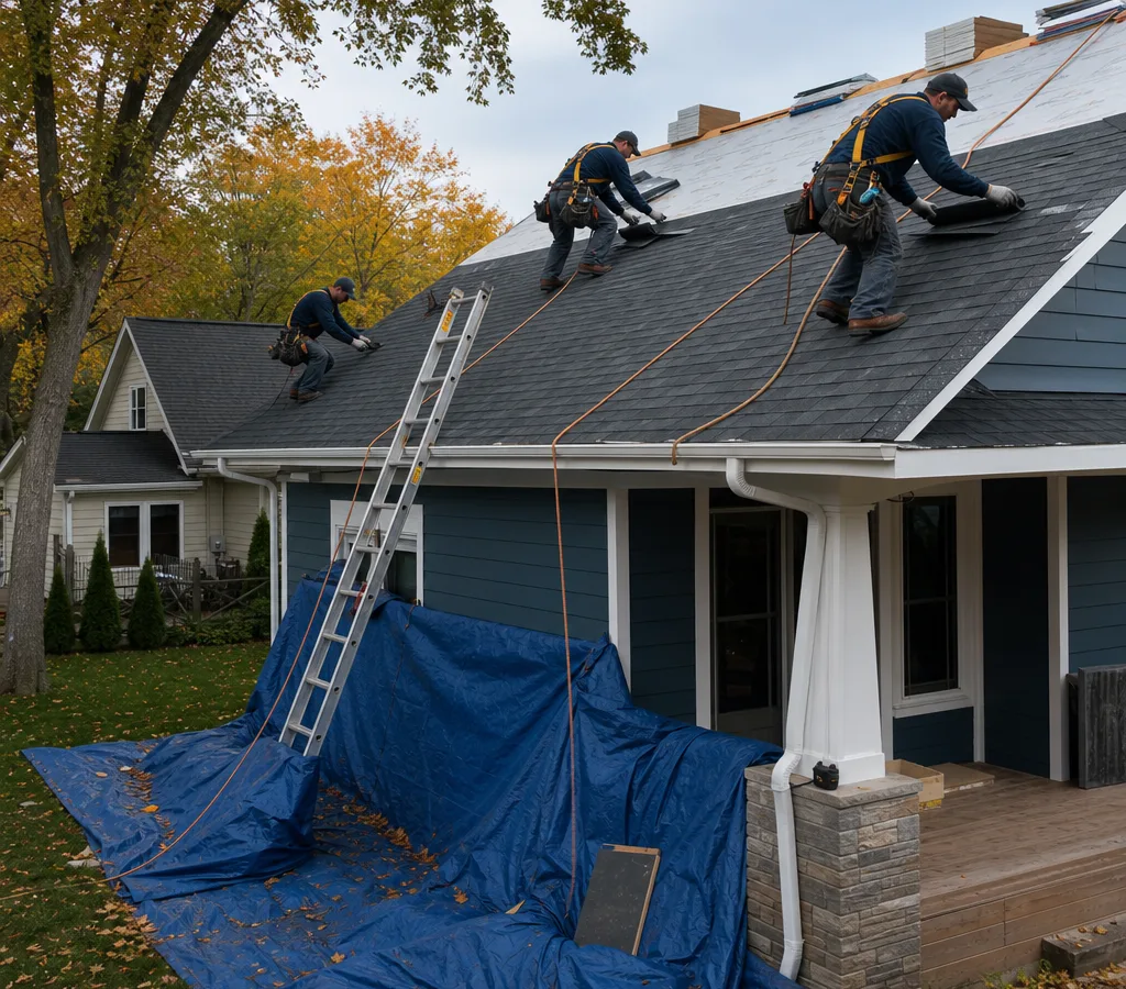 Roofing crew installing asphalt shingles on a Grand Rapids home with fall protection and ground tarps
