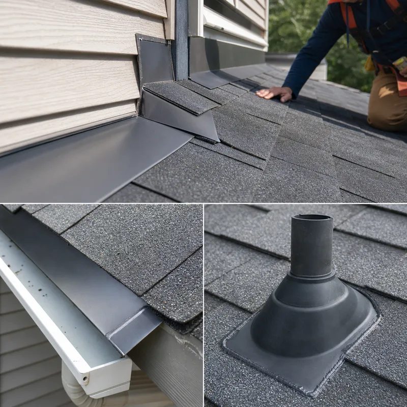 Close-up of asphalt roof step flashing, kick-out flashing at the eave, and an intact pipe boot with sealant