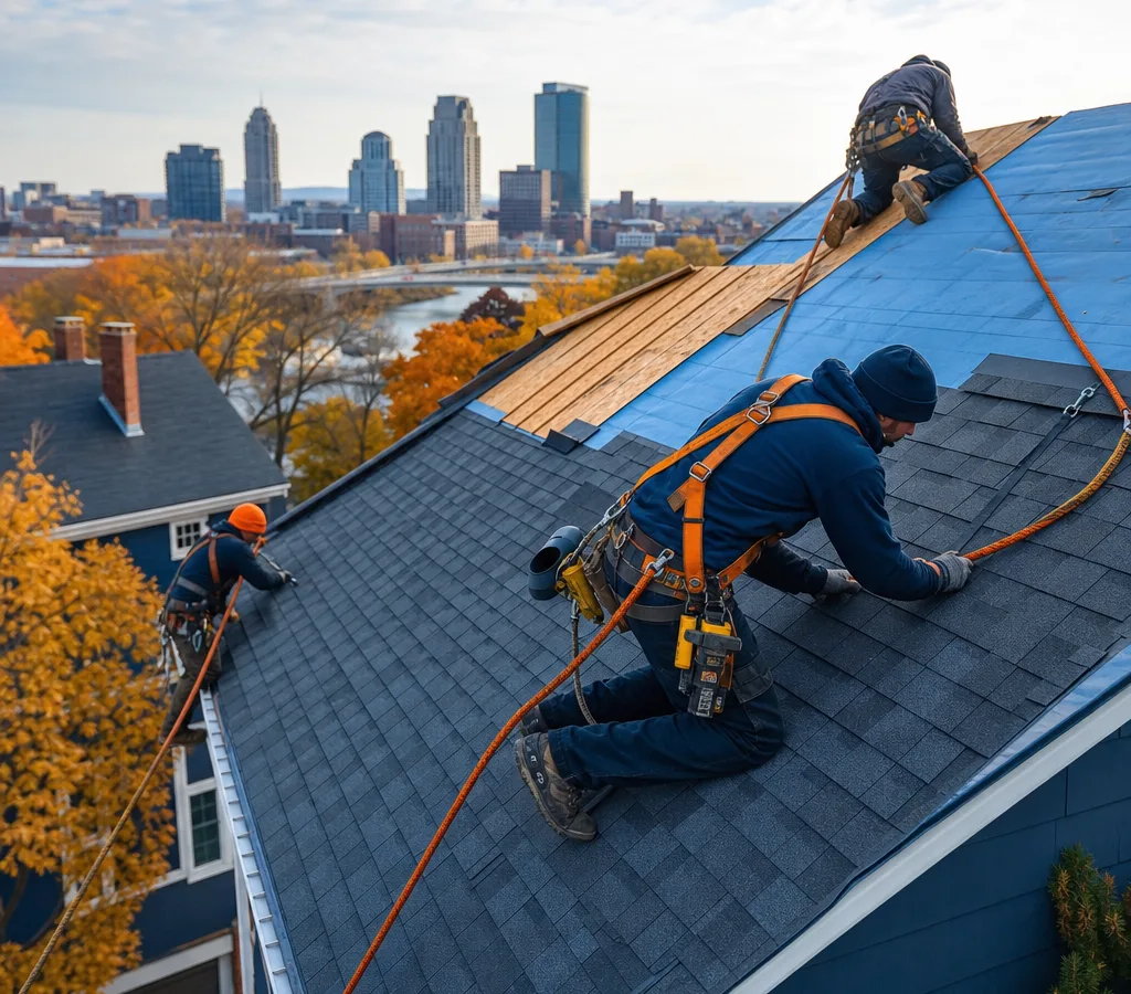 Residential roofing crew installing architectural asphalt shingles on a Grand Rapids home with fall protection, roof deck, and underlayment visible