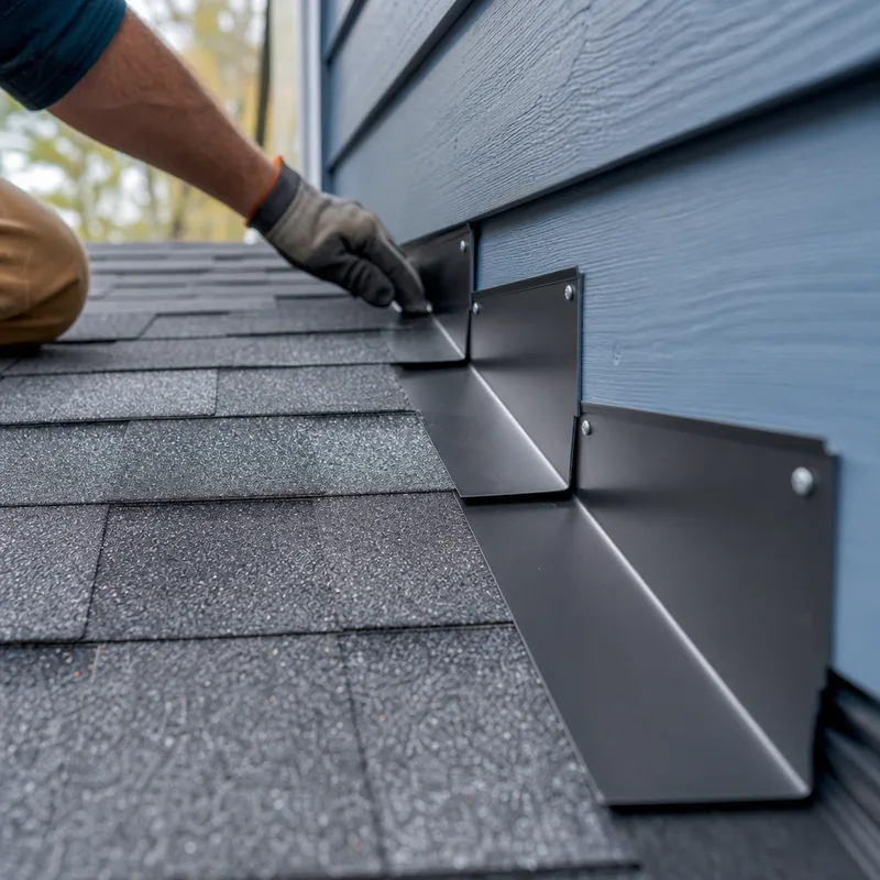 Properly installed step flashing layered with new shingles along a sidewall with correct fastener placement