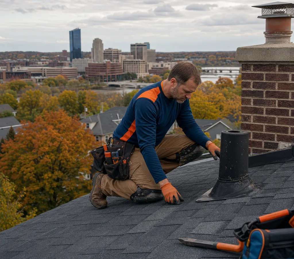 Technician inspecting shingles around a vent and chimney on a Grand Rapids residential roof with repair tools staged safely nearby