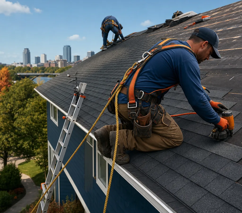 Grand Rapids roofing crew installing asphalt shingles with properly set ladders and visible safety gear