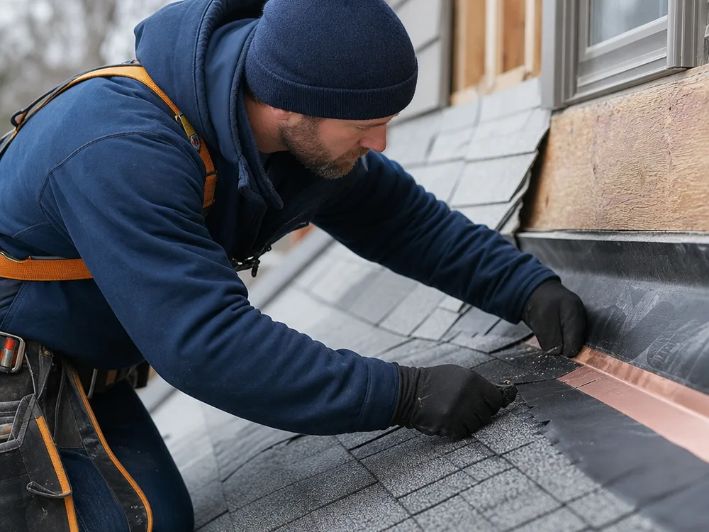 Roofer checking flashing and underlayment at a roof-to-wall intersection