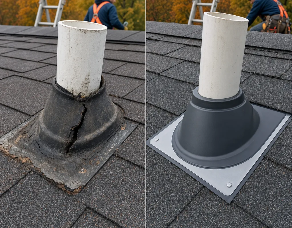 Before and after view of a cracked plumbing vent boot replaced and integrated beneath the shingles