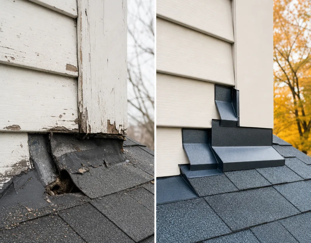 Before and after view of leaking sidewall step flashing corrected with properly layered flashing and shingles