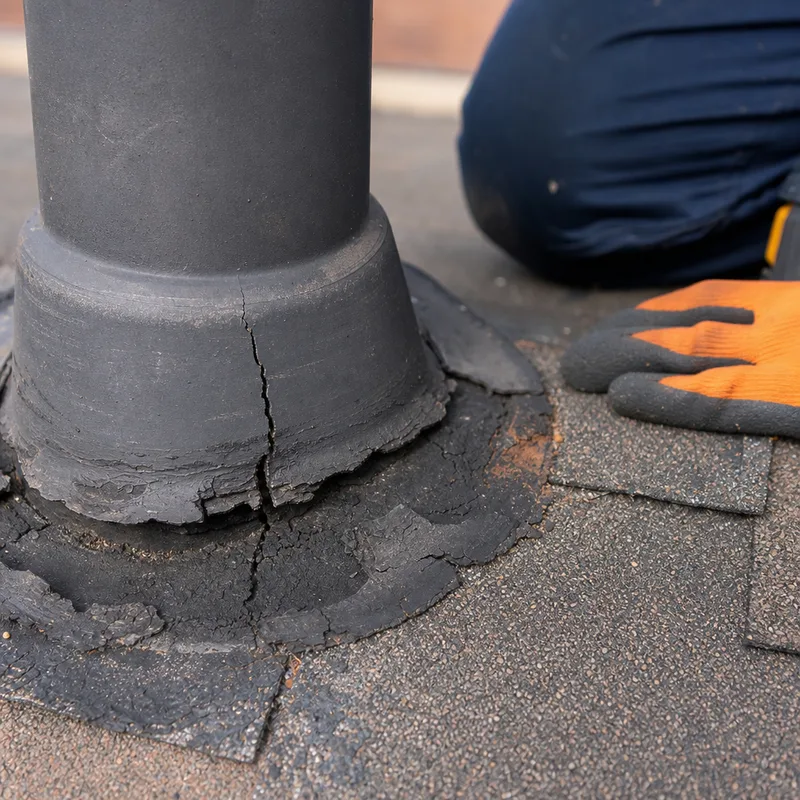 Cracked roof pipe boot and deteriorated sealant beside intact asphalt shingles