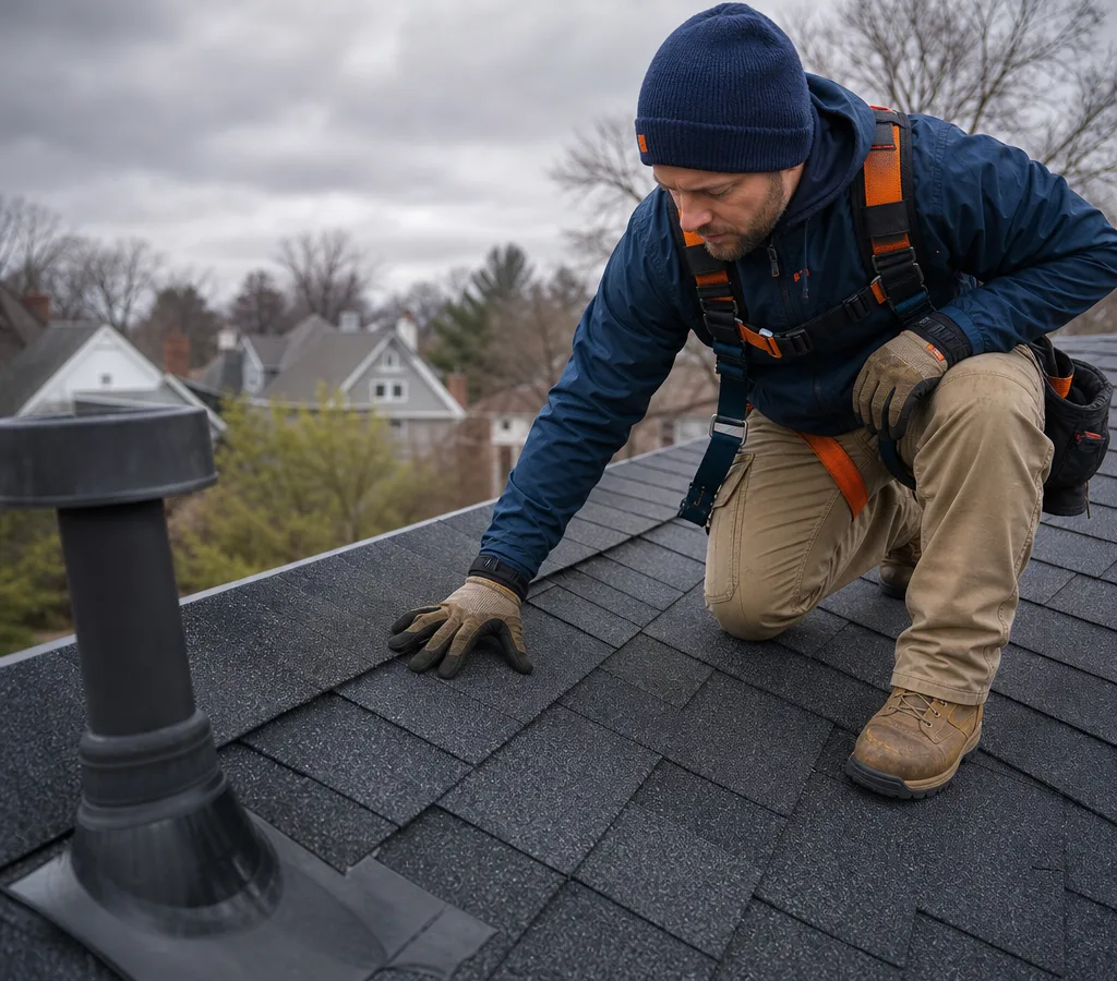 Technician inspecting shingles and vent flashing on a Grand Rapids residential roof