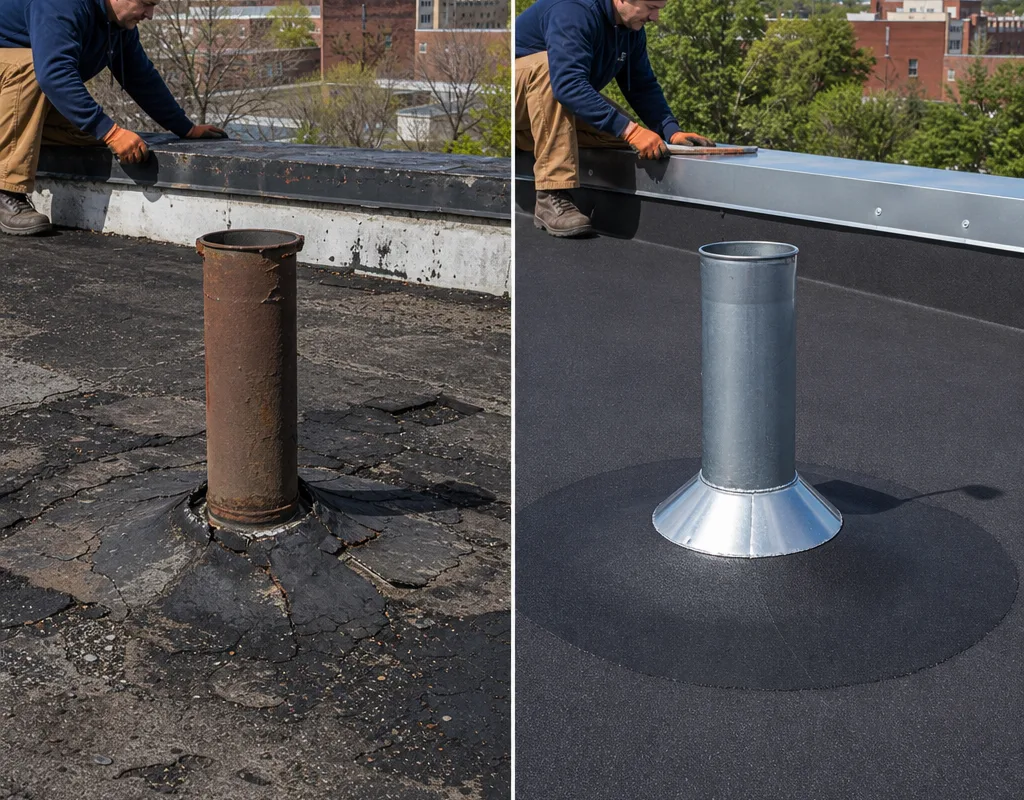 Before and after view of repaired commercial membrane and reworked penetration flashing