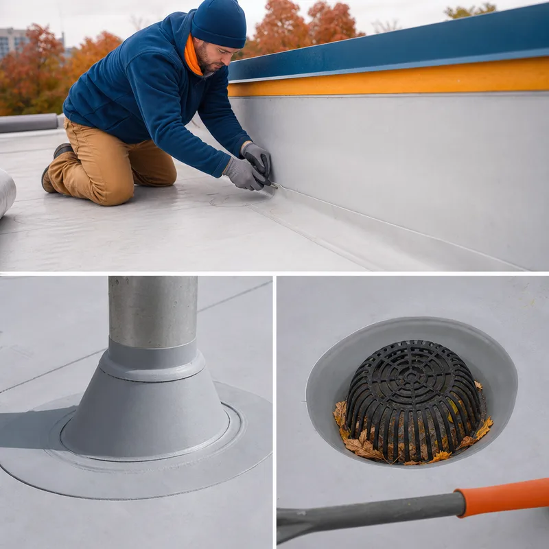 Commercial membrane termination, flashed pipe penetration, and clean roof drain details