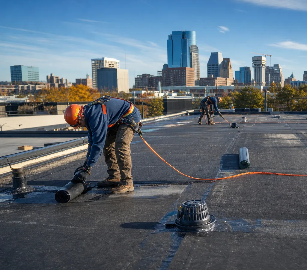Professional crew working safely on a low-slope commercial roof with drains, penetrations, and safety lines