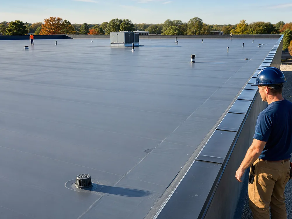 Completed single-ply commercial roof with finished edge metal and clear drainage paths