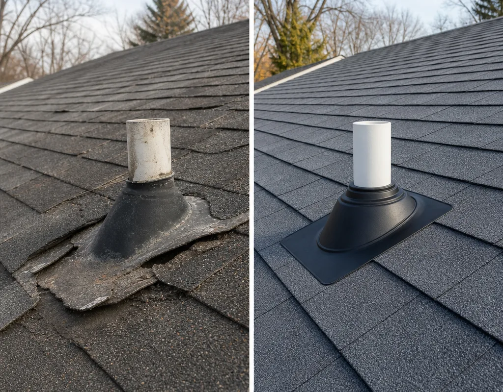 Aging curled shingles and worn pipe boot shown before and after replacement with new shingles and flashing