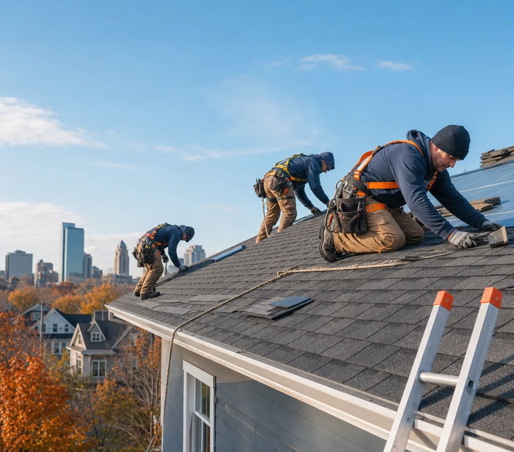 Grand Rapids roofing crew installing architectural shingles with a safe ladder setup and visible fall protection