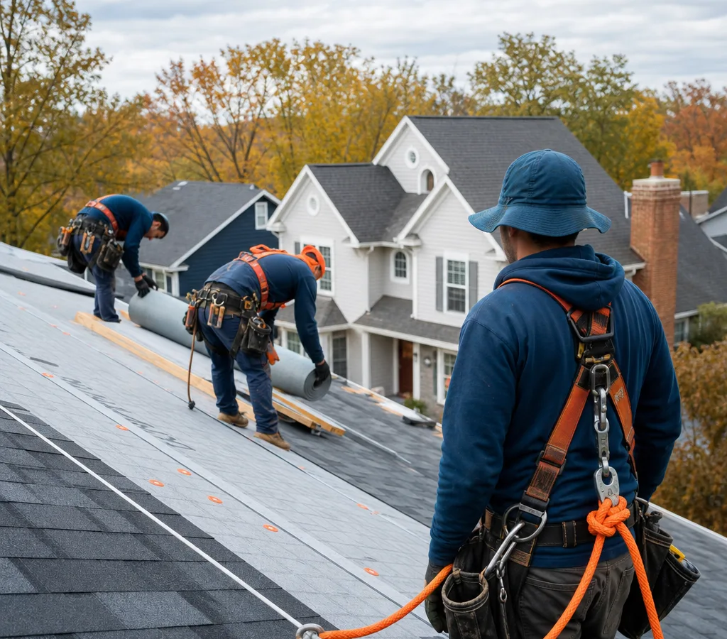 Crew staging roofing materials and setting up fall protection on a Grand Rapids home during a full roof replacement