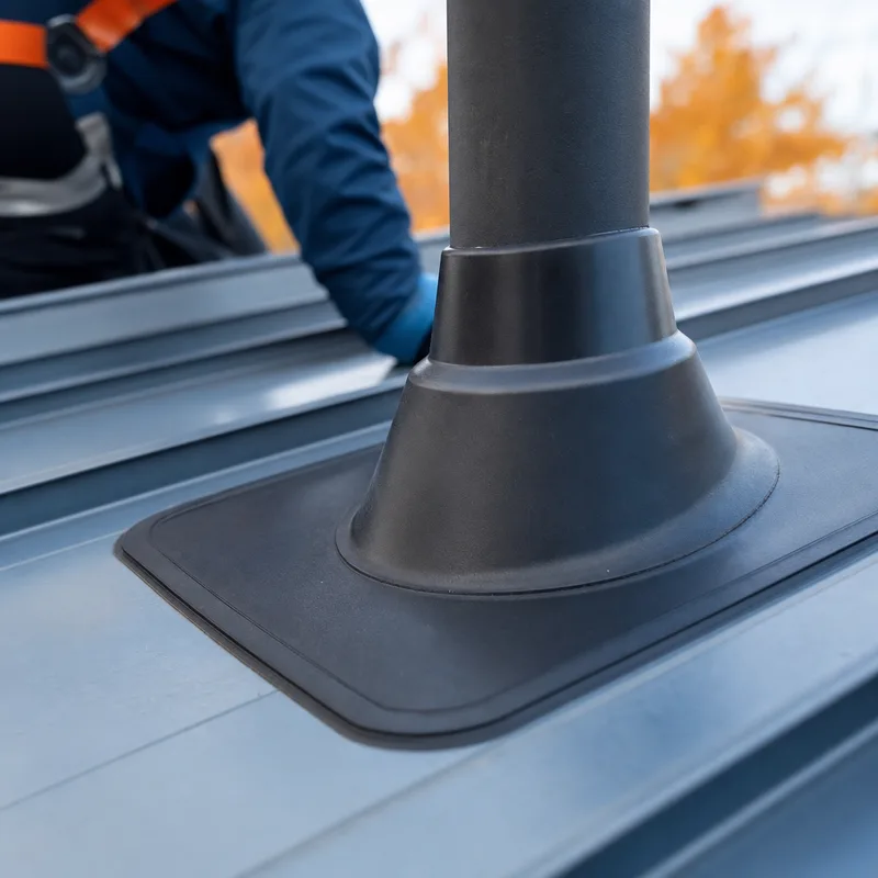Neatly installed pipe boot and flashing fitted around a plumbing vent on a metal roof