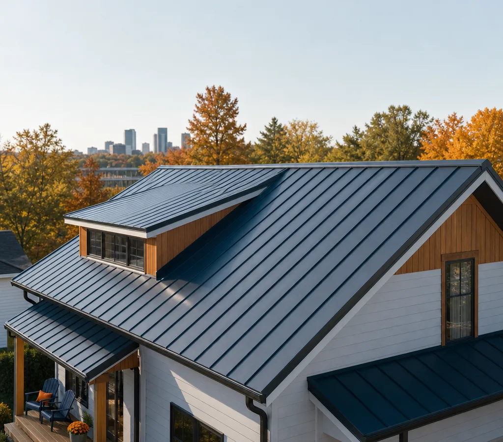 Finished standing seam steel roof on a Grand Rapids-area home with crisp panel lines, a neat ridge cap, and clean eave edges