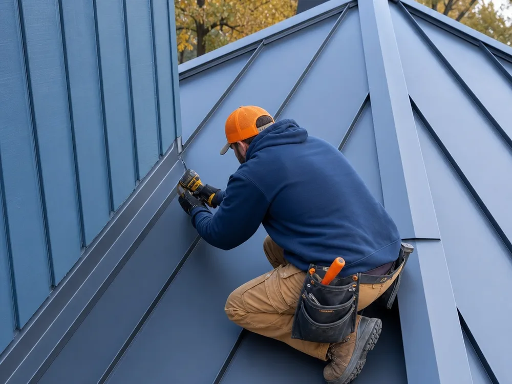 Standing seam steel panels with concealed clips, a properly finished ridge cap, and clean roof-to-wall flashing