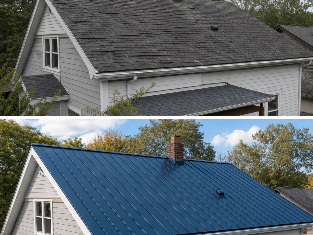 Finished metal roof on a Grand Rapids home with consistent panel spacing, clean gable trim, and a straight ridge line