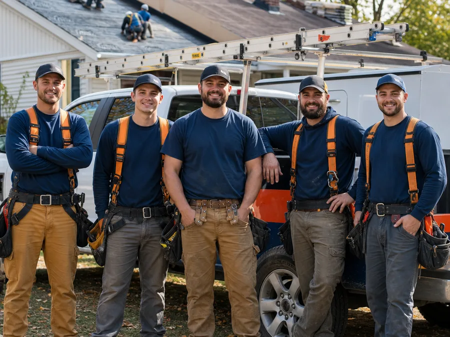Grand Rapids roofing crew in work uniforms with safety gear beside a work truck